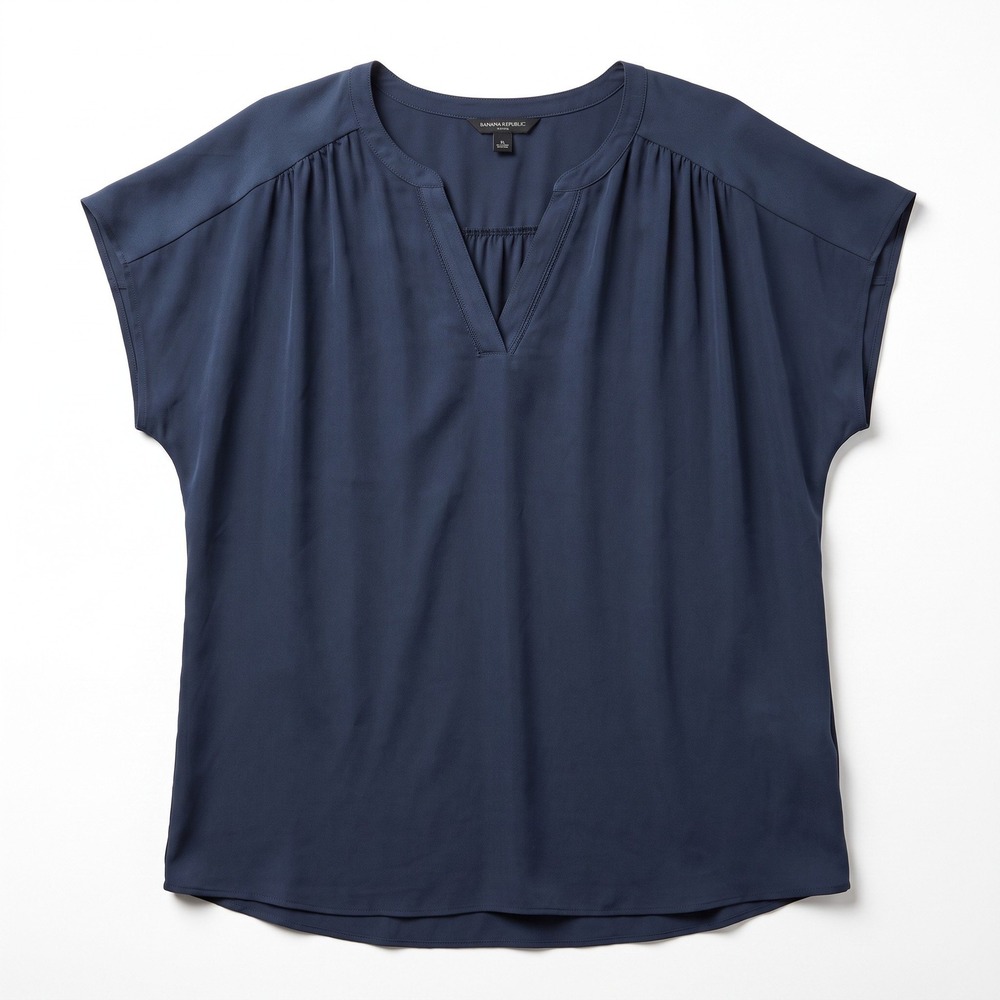 Banana Republic XL Navy Blue Womens Short Sleeve V-Neck Blouse Casual Coastal